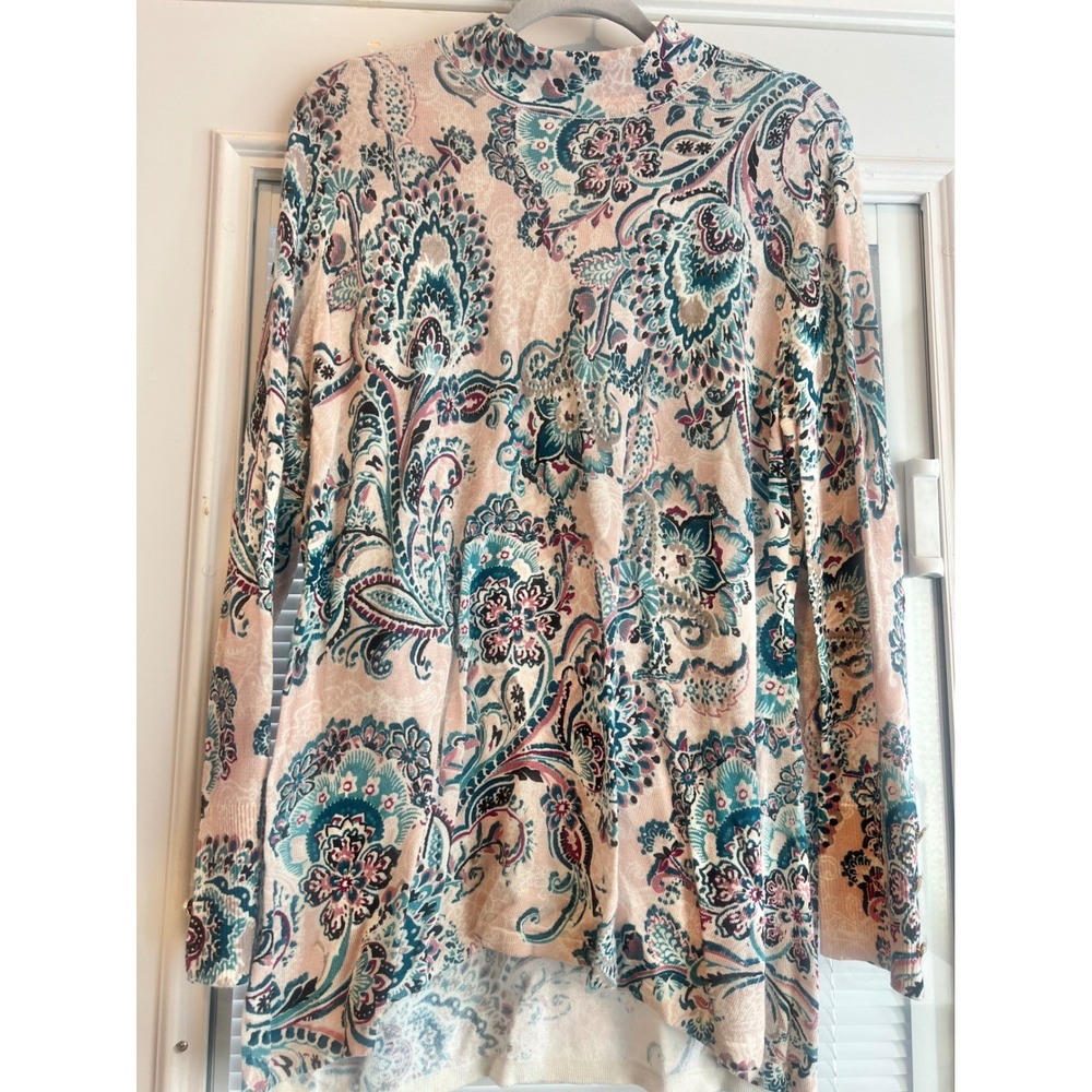 Chicos Teal Paisley Print Zipper Mock Neck Long Sleeve Sweater Tunic Sz 3 US XL